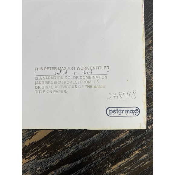 Peter Max Sailboat w/ Heart 248418 Hand Embellished Signed Serigraph - Picture 7 of 10